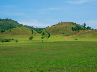Fototapeta na wymiar bald mountain with green grass field and blue sky (Phu Khao Ya), natural travel attraction at Ranong province, Thailand