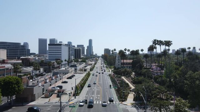 Beverly Hills, Los Angeles, California USA. Aerial View, Traffic on Santa Monica Boulevard, Drone Shot