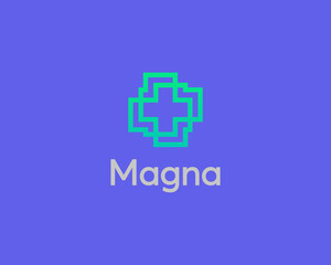 Obraz premium Linear cross, plus loop vector icon logo design template.Minimalistic flat clinic, pharmacy, healthcare vector sign symbol mark logotype.