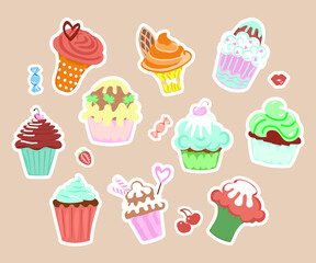 Set of funny cupcakes stickers for scrapbook.
