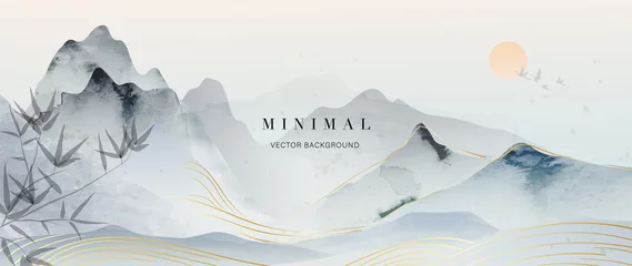 Wall murals White mountain and golden line arts background vector. Oriental Luxury landscape background design with watercolor brush and gold line texture. Wallpaper design, Wall art for home decor and prints.