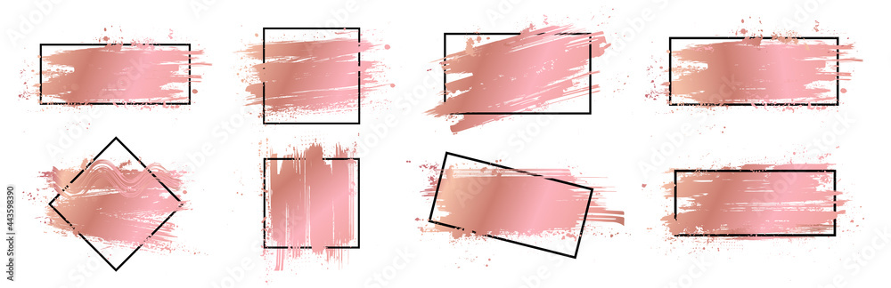 Poster template for title or logo in gold rose color. brush stroke set with frame for text. dirty artistic 
