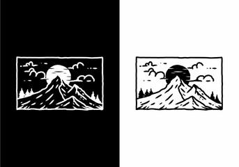 Black and white illustration drawing of mountain in rectangle shape