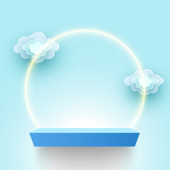 Blue exhibition stand with clouds. Cosmetic products display platform. Blank pedestal. Shelf. Vector illustration.