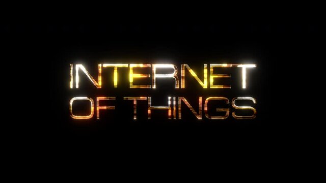 INTERNET OF THINGS gold text with glitch effect loop title on black background. 4K 3D seamless loop Internet Of Things or IOT glitch effect element text animation with golden shine for intro title. 
