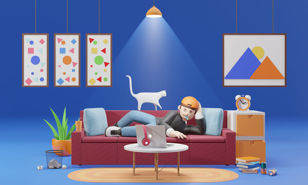 3D cartoon character man working at home and fell asleep on the sofa with the little cat, work from home - 3D render