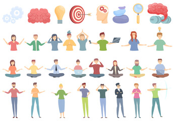 Concentration icons set cartoon vector. Yoga meditate. Mind relax