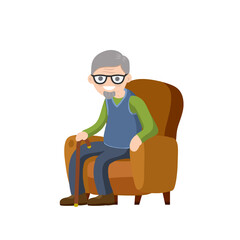 Old man is sitting in soft armchair. Rest and senior with a cane. Brown furniture and room element. Cartoon flat illustration. Cute Grandfather