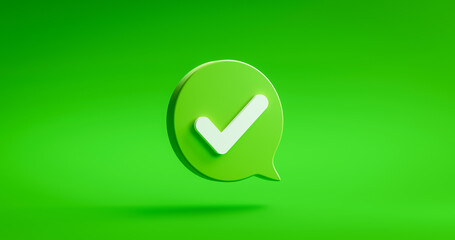 Tick check mark icon button and yes or approved symbol on confirm correct sign checklist background with agreement success box. 3D rendering. - obrazy, fototapety, plakaty