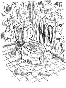 Dirty disgusting toilet interior with scribbled walls and stained floors. Vector illustration