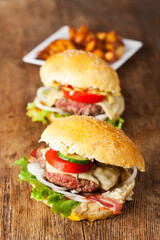 home made hamburger on rustic wood
