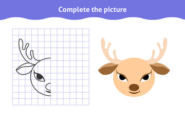 Complete the picture. Educational game, reflection image for toddlers. Symmetrical worksheet with cute deer face for kindergarten and preschool. Children pastime, traning for visual perception