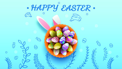 Happy Easter Bunny Ears Eggs Greeting Background. Vector Design Banner Party Invitation Web Poster Flyer Stylish Brochure, Greeting Card Template
