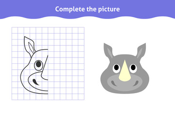 Complete the picture. Educational game, reflection image for toddlers. Symmetrical worksheet with rhino face for kindergarten and preschool. Children pastime, traning for visual perception