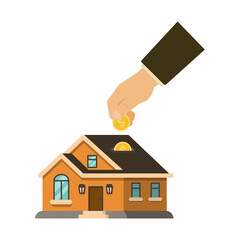 Fototapeta na wymiar Hand puts a coin in the piggy bank house. Concept of investing in real estate, saving for housing, a house or a mortgage loan. Color vector illustration of a flat style. White isolated background.