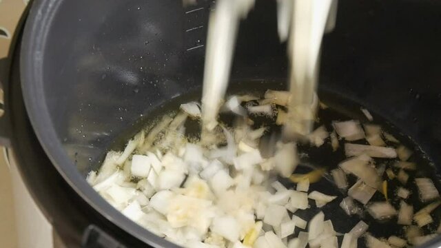 Sliced onion fried in sunflower oil close up