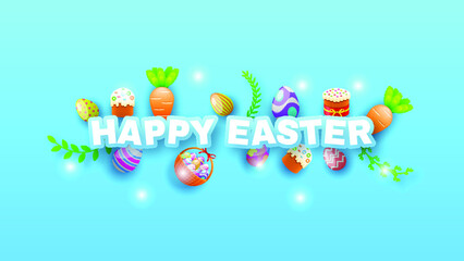 Happy Easter Plants Carrot Cake Eggs Greeting Background. Vector Design Banner Party Invitation Web Poster Flyer Stylish Brochure, Greeting Card Template