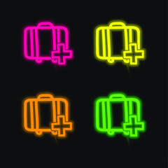 Obraz premium Add Suitcase Hand Drawn Symbol four color glowing neon vector icon