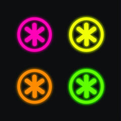 Asterisk Star Symbol In Circular Button four color glowing neon vector icon