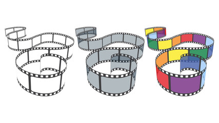 Vector set of blank cinema film strip frames in different colors. Collection of multicolor film strip for camera or projector isolated on white background. Art design template for cinema festival.
