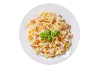 plate of pasta carbonara isolated on white background