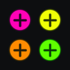 Add Button With Plus Symbol In A Black Circle four color glowing neon vector icon