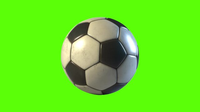 3D soccer ball from a side on view spinning on the spot. Green screen footage of generic football with a perfect loop that can be moved to create a rolling ball. Classic black and white ball design.