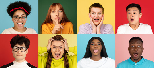 Collage of surprised people on isolated over colored background. Facial expressions concept