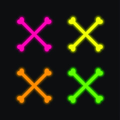 Bones Silhouette Forming A Cross Symbol four color glowing neon vector icon
