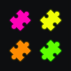 Black Rotated Puzzle Piece four color glowing neon vector icon