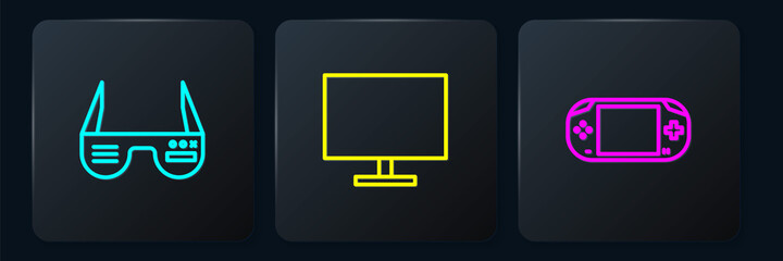 Set line Smart glasses, Portable video game console and Computer monitor screen. Black square button. Vector © Vadim