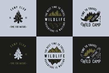 Obraz premium Camping for forest travel print. Timber hiking and expedition for traveler and tourist. Graphic design for outdoor adventure. Sport activity