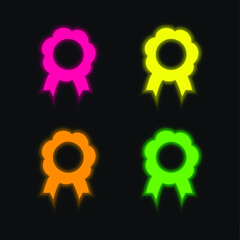 Award Flower Shape Symbolic Medal With Ribbon Tails four color glowing neon vector icon