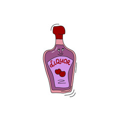 Liquor bottle with face smile on white background. Cartoon sketch graphic design. Doodle character with black contour line. Cute hand drawn flask. Party drinks concept. Freehand drawing style