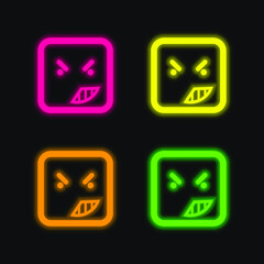 Anger On Emoticon Face Of Rounded Square Outline four color glowing neon vector icon