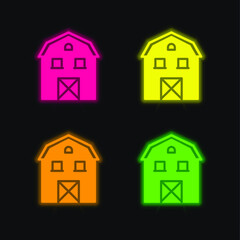 Obraz premium Barn four color glowing neon vector icon