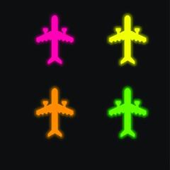 Aeroplane With Two Engines four color glowing neon vector icon