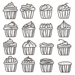 doodle cupcakes icon set outline. line style. Vector illustration.