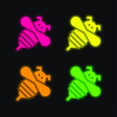 Bee four color glowing neon vector icon