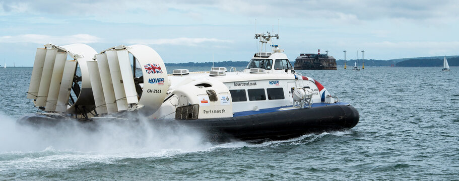 Southsea, Portsmouth, England, UK. July 2021. Passenger hovercraft underway on The Solent bound for the Isle of Wight, UK.