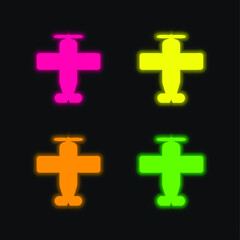 Airplane With One Helix four color glowing neon vector icon