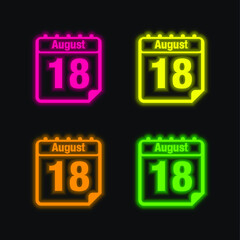 August 18 Daily Calendar Page Interface Symbol four color glowing neon vector icon