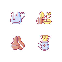 Coffee preparation RGB color icons set. Milk pitcher for barista. Raw beans. Roasted arabica. Drip with filter. Isolated vector illustrations. Espresso making simple filled line drawings collection