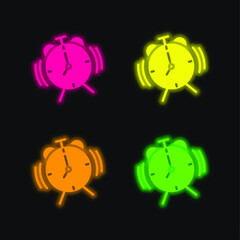 Alarm Clock four color glowing neon vector icon