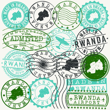 Rwanda Set Of Stamps. Travel Passport Stamps. Made In Product Design Seals In Old Style Insignia. Icon Clip Art Vector Collection.