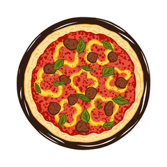 Vector illustration of hand drawn pizza. Tasty Italian pizza topped with tomato sauce, yellow bell pepper, meatballs and basil.