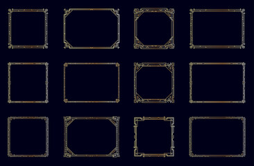 Art Deco Horizontal Gold Frames and Borders Set. Trendy Gatsby Style Design Elements. Retro Art Deco Style. Isolated. Vector.