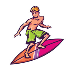 Surfer standing on surfboard. Male person in cartoon style.