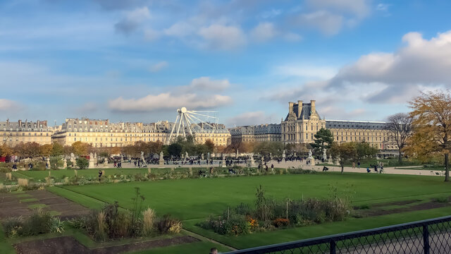 Avenue of trees in autumn leading to the Musee du Louvre in Paris France