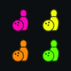 Bowling four color glowing neon vector icon